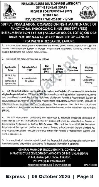 Newspaper clipping: IDAP RFP for Supply, Installation & Maintenance of FESS Documentation System for NSICT&R Lahore, Express, 09 Oct 2026