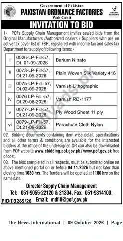 Newspaper clipping: Pakistan Ordnance Factories (POF) Wah Cantt — Invitation to Bid for Supplies (Closing 2026-11-04), The News International, 09 Oct 2026