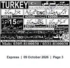 Newspaper clipping: Jobs in Turkey — CNC Workers and Other Workers (42,000 / 28,075 Lira + Food), Express, 09 Oct 2026