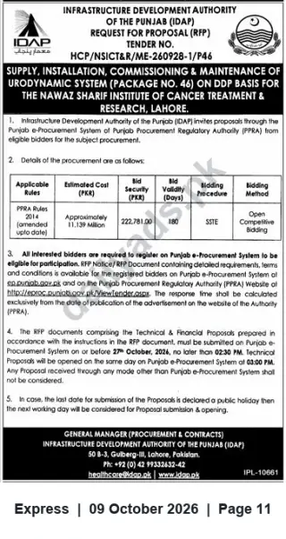 Newspaper clipping: IDAP RFP: Supply, Installation & Maintenance of Urodynamic System for Nawaz Sharif Institute of Cancer Treatment & Research, Lahore, Express, 09 Oct 2026