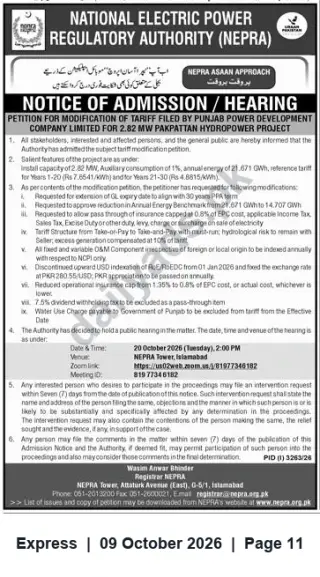 Newspaper clipping: NEPRA Admission Notice — Tariff Modification Petition by Punjab Power Development Co. for 2.82 MW Pakkatpah Hydropower, Express, 09 Oct 2026