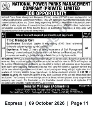 Newspaper clipping: NPPMCL Hiring Manager Civil (Bachelor’s in Civil Eng., 7+ yrs) — Apply by 2026-10-30, Express, 09 Oct 2026