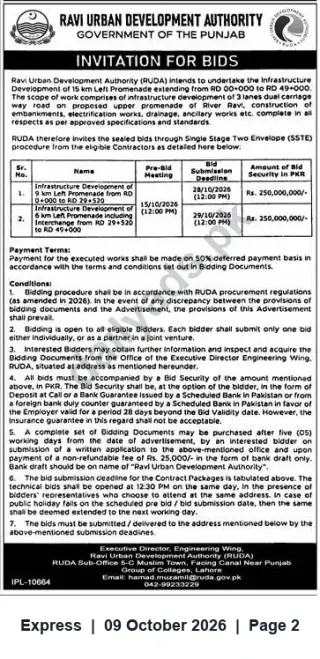 Newspaper clipping: RUDA Invitation for Bids — Infrastructure Development of 15 km Left Promenade (Two Packages), Express, 09 Oct 2026