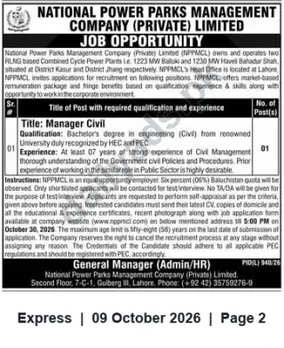 Newspaper clipping: NPPMCL Job Opportunity — Manager Civil (1 Vacancy) | Apply by 2026-10-30, Express, 09 Oct 2026