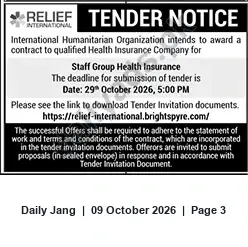 Newspaper clipping: Relief International Tender for Staff Group Health Insurance — Closing 29 Oct 2026, Jang, 09 Oct 2026