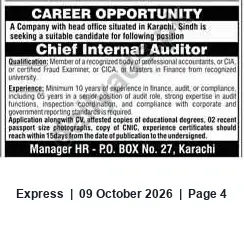 Newspaper clipping: Chief Internal Auditor — Karachi (Sindh), Express, 09 Oct 2026
