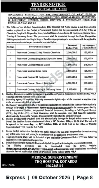 Newspaper clipping: THQ Hospital Kot Addu Tender: Framework Supply Contracts for X‑Ray Films, Medical Consumables, Linen, IT & General Stores, Express, 09 Oct 2026