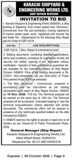 Newspaper clipping: KS&EW Ship Repair Division Invitation to Bid — CSR-10219 (Karachi), Express, 09 Oct 2026
