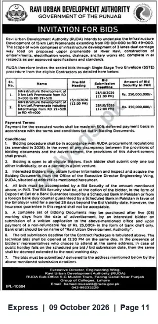 Newspaper clipping: RUDA Invitation for Bids — Infrastructure Development of 15 km Left Promenade (River Ravi), Lahore, Express, 09 Oct 2026