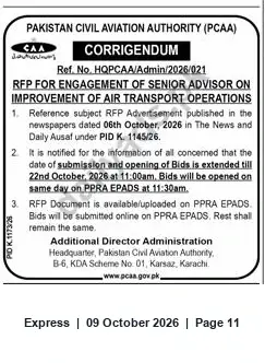 Newspaper clipping: PCAA Corrigendum — RFP Deadline Extended for Senior Advisor, Air Transport Operations, Express, 09 Oct 2026