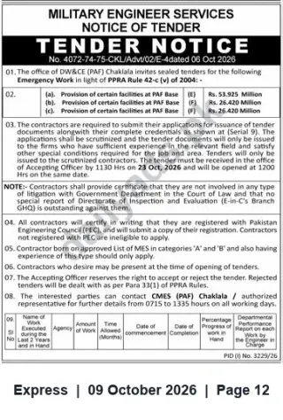 Newspaper clipping: MES Tender Notice for Emergency Works at PAF Bases — Closing 2026-10-23, Express, 09 Oct 2026