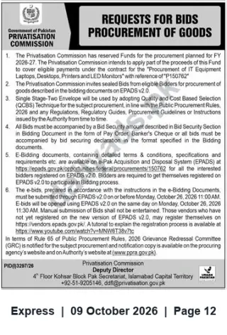 Newspaper clipping: Privatisation Commission Tender: Procurement of IT Equipment (Laptops, Desktops, Printers, LED Monitors) — P150762, Express, 09 Oct 2026