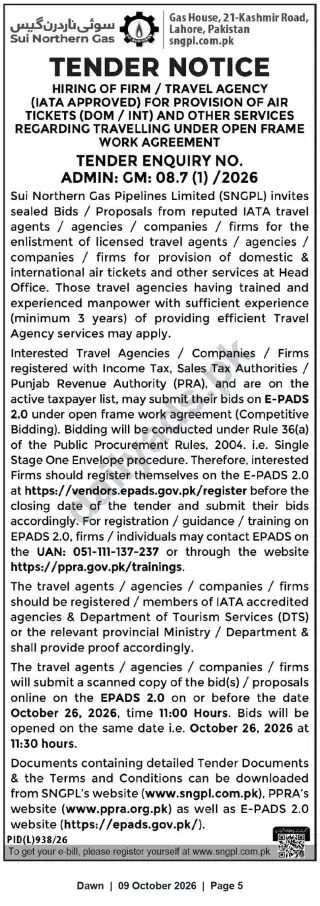 Newspaper clipping: SNGPL Tender: Hiring IATA-Approved Travel Agency for Domestic & International Air Tickets (Tender Enquiry ADMIN: GM: 08.7(1)/2026), Dawn, 09 Oct 2026