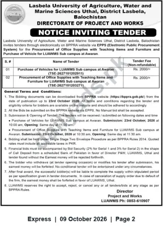Newspaper clipping: Lasbela University (Uthal) Tender: Vehicles & Office Supplies for LUAWMS Sub‑Campus Awaran (Closing 2026-10-23), Express, 09 Oct 2026