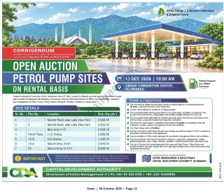 Newspaper clipping: CDA Open Auction: Petrol Pump Sites on Rental Basis — Islamabad, 13 Oct 2026, Dawn, 09 Oct 2026
