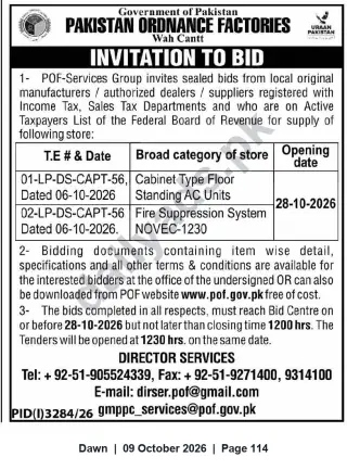 Newspaper clipping: POF Wah Cantt Invitation to Bid for Floor‑Standing AC Units and NOVEC‑1230 Fire Suppression System — Closes 2026-10-28, Dawn, 09 Oct 2026