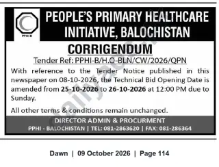 Newspaper clipping: PPHI-B Corrigendum: Tender Ref PPHI-B/H.O-BLN/CW/2026/QPN — Technical Bid Opening Revised to 26 Oct 2026, Dawn, 09 Oct 2026