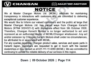 Newspaper clipping: Master Changan Motors Ltd. Notice: Changan Karachi Motors' Authorization Terminated effective 2026-10-05, Dawn, 09 Oct 2026
