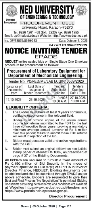 Newspaper clipping: NED University Tender: Procurement of Laboratory Equipment for Mechanical Engineering, Dawn, 09 Oct 2026