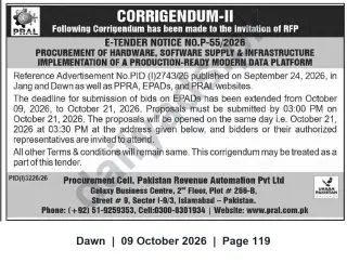 Newspaper clipping: PRAL E‑Tender P-55/2026 for Procurement of Hardware, Software & Production‑Ready Data Platform — Deadline 2026-10-21, Dawn, 09 Oct 2026