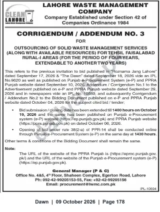 Newspaper clipping: Corrigendum No.3 — Outsourcing Solid Waste Management Services for Tehsil Faisalabad (Rural-I) — Bid Deadline 2026-10-19, Dawn, 09 Oct 2026
