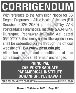 Newspaper clipping: Corrigendum: ZAB-PGPI BS Allied Health Sciences Admissions (Fall 2026) — Apply Online via PHSA, Dawn, 09 Oct 2026