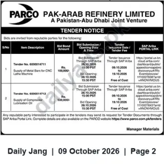Newspaper clipping: PARCO Tenders: Supply of Metal Bars (6000014711) and Compressor Lubrication Oil (6000014712), Jang, 09 Oct 2026