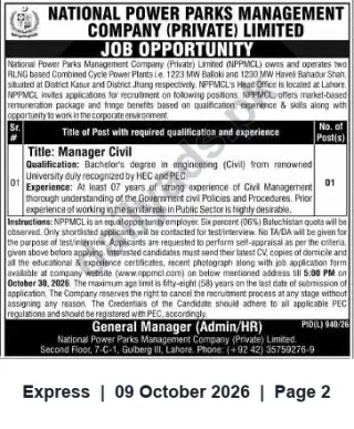 Newspaper clipping: NPPMCL Hiring: Manager Civil — Bachelor's in Civil Engineering, 7+ Years (Apply by 2026-10-30), Express, 09 Oct 2026