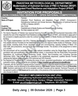 Newspaper clipping: PMD Invitation for Proposals — Establishment of Media Studios & Capacity Building (RFP PK-PMD-568943-NC-RFP), Jang, 09 Oct 2026