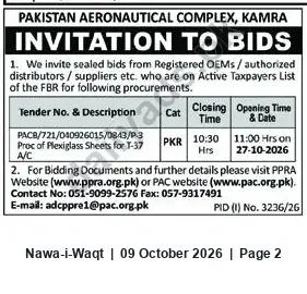 Newspaper clipping: PAC Kamra Tender: Plexiglass Sheets for T-37 (PAC8/721/040926015/0843/P-3), Nawa-i-Waqt, 09 Oct 2026