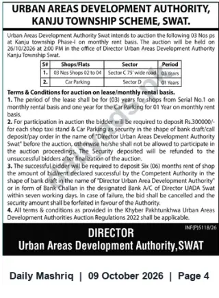 Newspaper clipping: UADA Swat Auction — Shops & Car Parking at Kanju Township Phase-I on 26 Oct 2026, Daily Mashriq, 09 Oct 2026