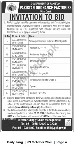Newspaper clipping: POF Wah Cantt Invitation to Bid for Chemicals, Varnishes, Spares and Cement (Closing 2026-03-09), Jang, 09 Oct 2026