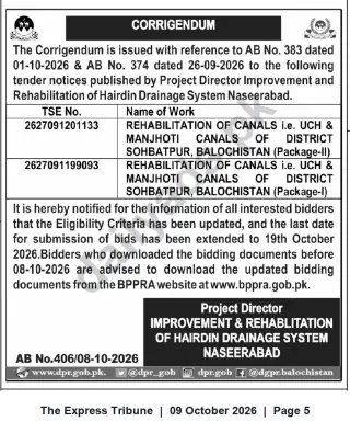 Newspaper clipping: Corrigendum — Bid Submission Extended for Rehabilitation of Uch & Manjhoti Canals, Sohbatpur, The Express Tribune, 09 Oct 2026