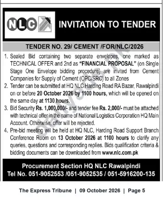 Newspaper clipping: NLC Tender No. 29/2026 — Supply of Cement (OPC/SRC), The Express Tribune, 09 Oct 2026