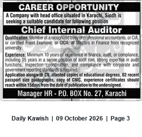 Newspaper clipping: Chief Internal Auditor — Karachi (Head Office), Daily Kawish, 09 Oct 2026