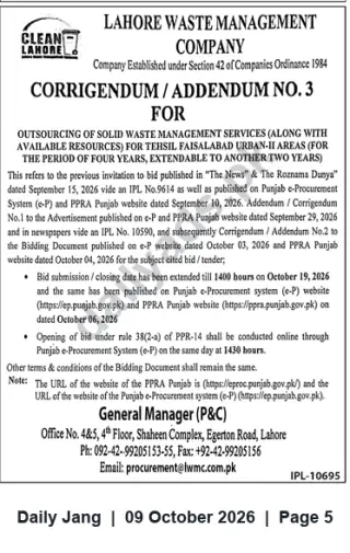 Newspaper clipping: Lahore Waste Management Company Corrigendum No.3 — Tender for Outsourcing Solid Waste Management Services (Tehsil Faisalabad Urban-II), Jang, 09 Oct 2026