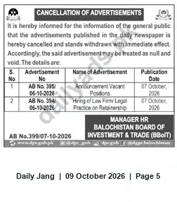 Newspaper clipping: Cancellation of Advertisements — Balochistan Board of Investment & Trade (BBOIT), Jang, 09 Oct 2026