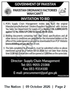 Newspaper clipping: POF Wah Cantt Tender for Supply of Oil Lubricants (T.E No. 0006/LP/CRB/56), The Nation, 09 Oct 2026