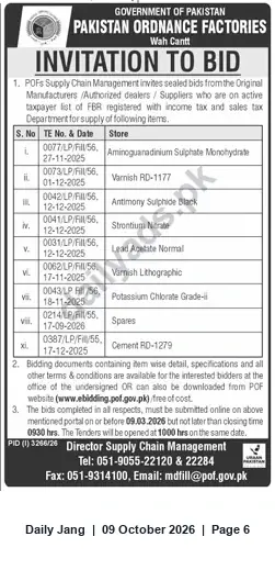 Newspaper clipping: POF Wah Cantt Invitation to Bid for Chemicals, Spares and Cement (closing 2026-03-09), Jang, 09 Oct 2026