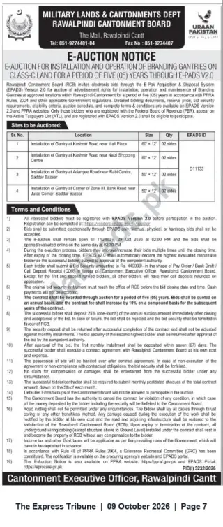Newspaper clipping: Rawalpindi Cantt E-Auction for Installation & Operation of Branding Gantries (5 years), The Express Tribune, 09 Oct 2026