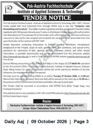 Newspaper clipping: PAF-IAST Haripur Tender: Computer Labs Networking & Furniture (Two Lots), Daily Aaj, 09 Oct 2026