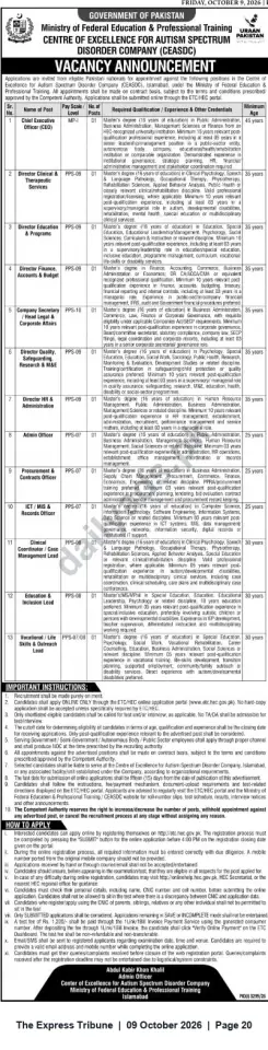 Newspaper clipping: Vacancies at Centre of Excellence for Autism Spectrum Disorder (CEASDC), Islamabad — Multiple Senior & Support Positions, The Express Tribune, 09 Oct 2026