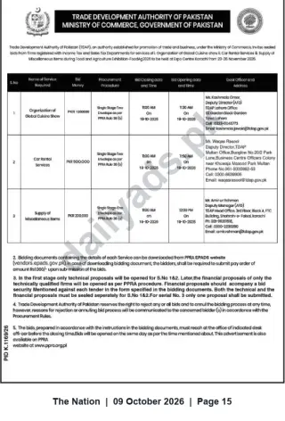 Newspaper clipping: TDAP Tender: Organization of Global Cuisine Show, Car Rental & Supply of Miscellaneous Items — Bids by 2020-10-19, The Nation, 09 Oct 2026