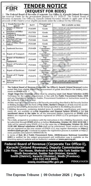 Newspaper clipping: FBR Karachi (Corporate Tax Office-I) Tender Notice for Multiple Goods and Services, The Express Tribune, 09 Oct 2026