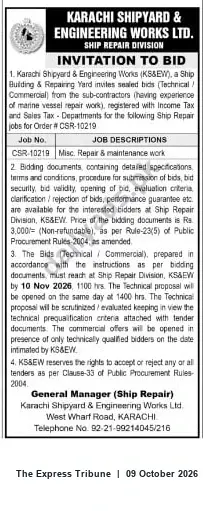 Newspaper clipping: KS&EW Ship Repair Division Tender CSR-10219 – Misc. Repair & Maintenance (Bids due 2026-11-10), The Express Tribune, 09 Oct 2026