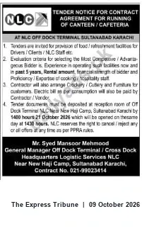 Newspaper clipping: NLC Tender: Canteen/Cafeteria Contract at Off Dock Terminal, Sultanabad Karachi, The Express Tribune, 09 Oct 2026