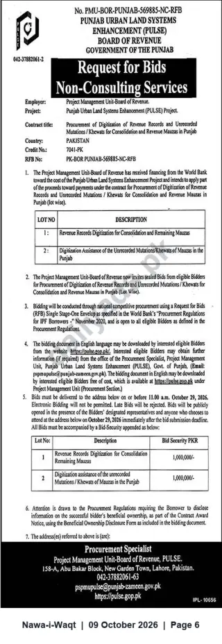 Newspaper clipping: Request for Bids — Digitization of Revenue Records and Unrecorded Mutations (Punjab PULSE), Nawa-i-Waqt, 09 Oct 2026