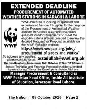 Newspaper clipping: WWF-Pakistan RFP: Procurement of Automated Weather Stations in Karachi & Lahore — Deadline 2026-10-16, The Nation, 09 Oct 2026