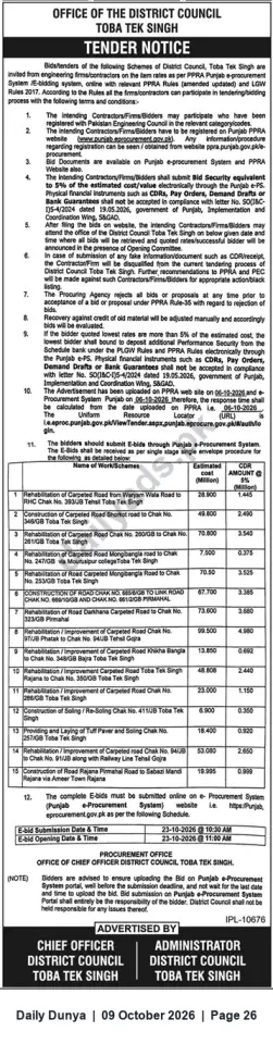 Newspaper clipping: Tender Notice — District Council Toba Tek Singh: Road Rehabilitation & Construction Works (15 Schemes), Dunya, 09 Oct 2026