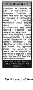 Newspaper clipping: Public Notice: Application for Letter of Administration / Succession Certificate for Muhammad Abdul Majeed, The Nation, 09 Oct 2026